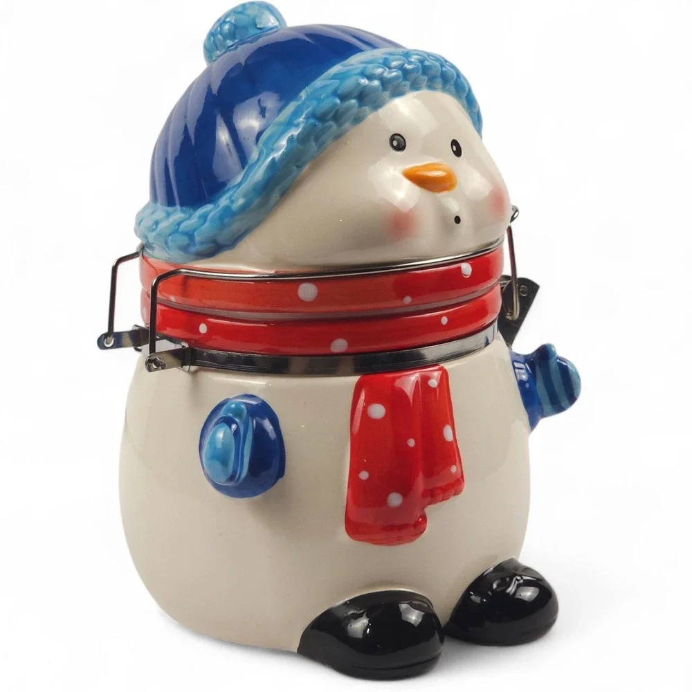 Ceramic Snowman Jar Clamp Lid Canister Christmas Holiday Candy Cookie Container